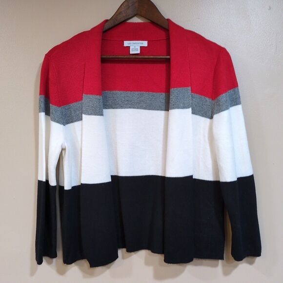 Liz Claiborne Womens M Color Block 3/4 Sleeve Open Cardigan Red White Black Gray - Picture 1 of 8